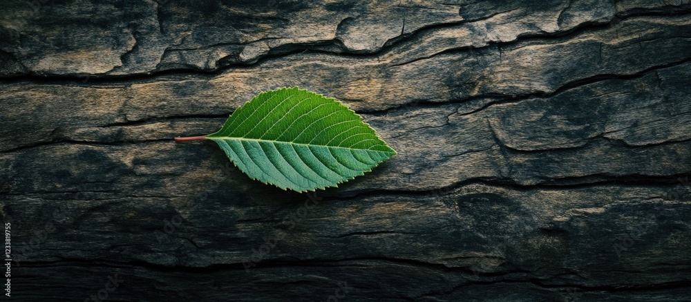 Poster green leaf on textured wooden background with natural patterns and copy space for text placement