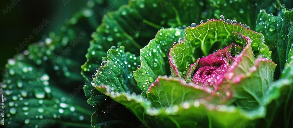 Poster close-up of a leafy green cabbage with pink center covered in water droplets on a dark background co