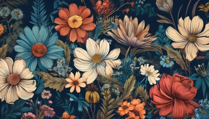 Vintage Charm with Wildflowers A Floral Pattern Reminiscent of Natures Blossoming Abundance, Ideal for Bringing Whimsical Allure to Digital Art, Home Decor, and Design Inspiration.