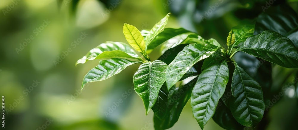 Aufkleber fresh green leaves with water droplets on a soft blurred background copy space
