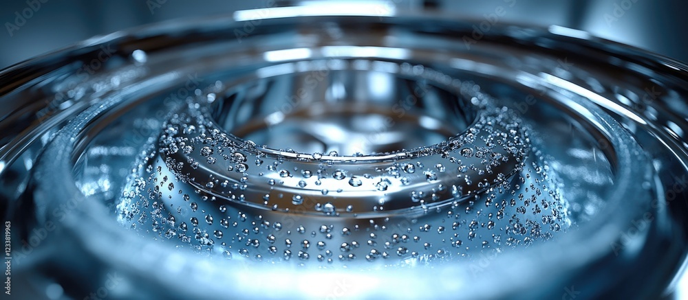 Poster close-up of water bubbles on a metal surface with soft reflections and a blurred background copy spa