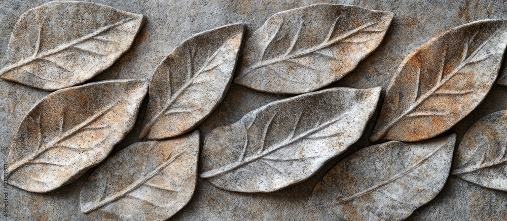 Poster Textured wall with decorative relief of overlapping leaves in earthy tones and Copy Space for design use.