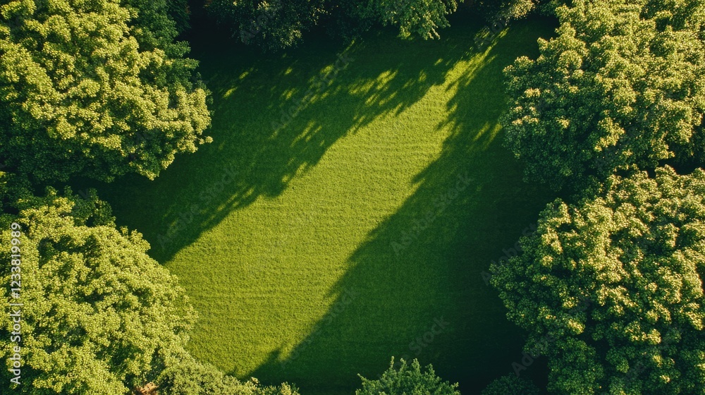 Poster aerial view of lush green grass surrounded by trees casting long shadows copy space