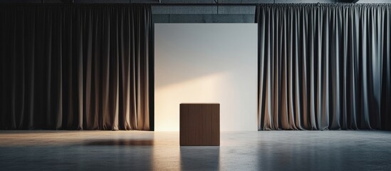 Empty exhibition space with a pedestal and dramatic lighting against dark curtains and blank wall, Copy Space available for text placement