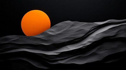 Abstract Sun Rising over the Waves: A striking artistic representation of a fiery orange sun ascending over undulating, dark, abstract wave-like forms against a stark black backdrop.