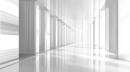 Obraz premium Perspective view of a modern building interior, illustrated in a minimalist white architectural sketch, A sleek, futuristic corridor with bright white walls and reflective surfaces, creating a sense 