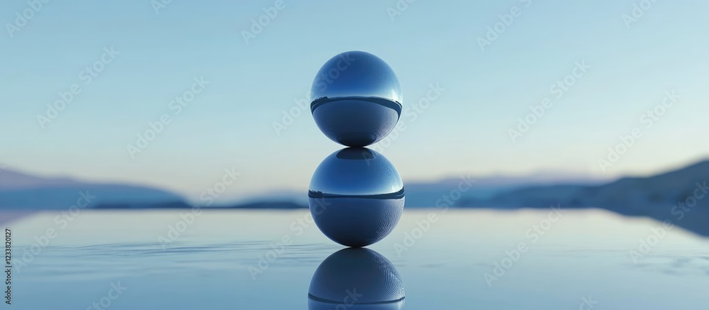 Aufkleber stacked reflective spheres on a smooth surface with a blurred landscape background and ample copy sp