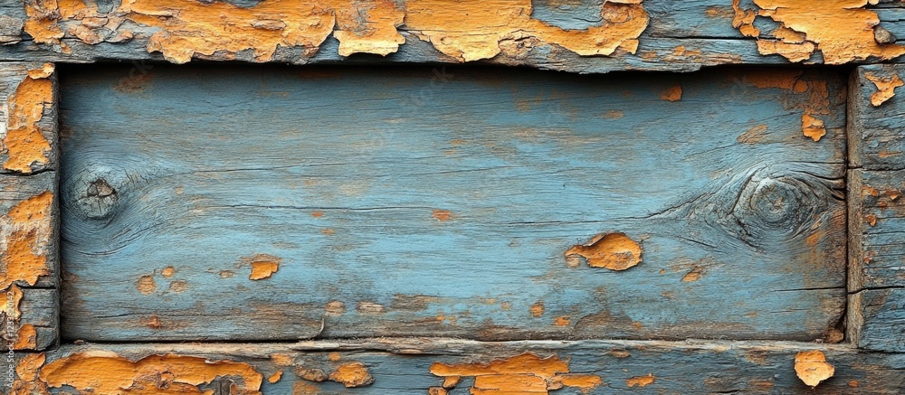 Aufkleber weathered blue wooden background with peeling paint and visible texture; copy space available for te