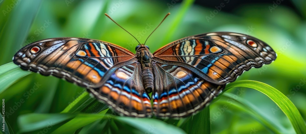 Poster colorful butterfly with intricate patterns perched on green foliage copy space