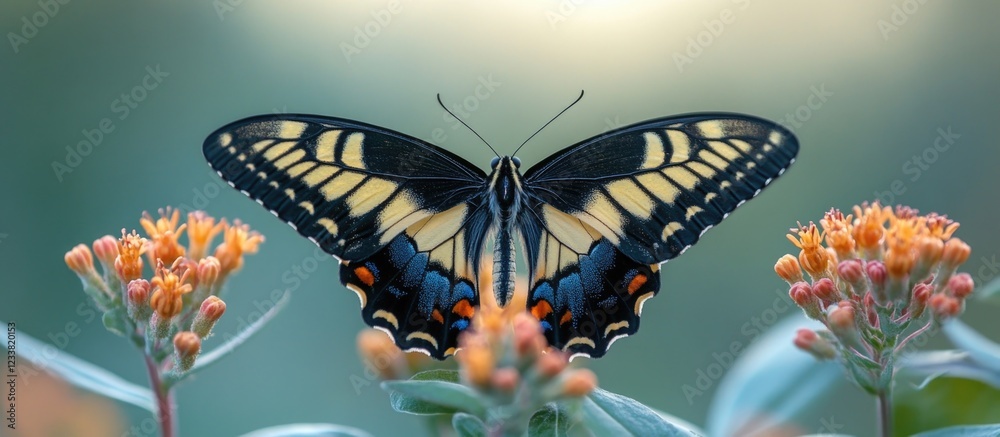 Poster colorful butterfly perched on orange flowers against a soft blurred background with copy space for t