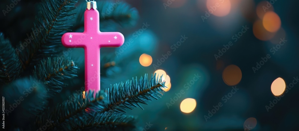 Poster Pink cross ornament hanging on a Christmas tree branch with bokeh lights in the background and Copy Space for text