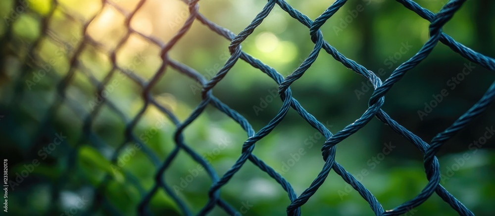 Poster close-up of a textured green fence mesh with blurred green foliage in the background and natural sun