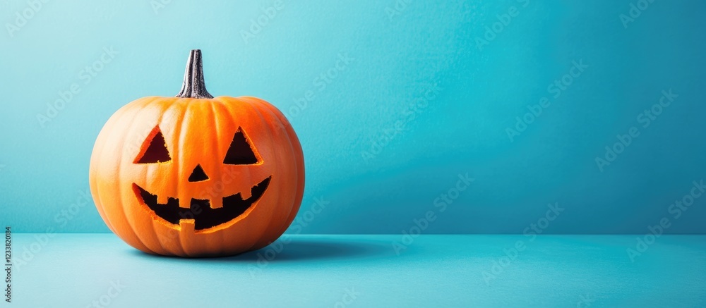 Poster smiling halloween jack o lantern pumpkin on turquoise background with copy space for text