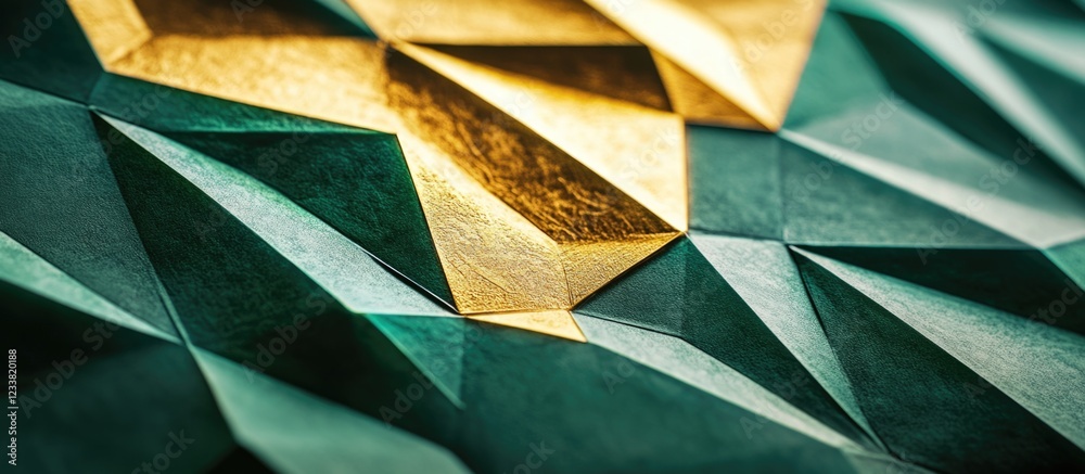 Aufkleber Geometric abstract background with green and gold triangular shapes and textures featuring Copy Space for text placement