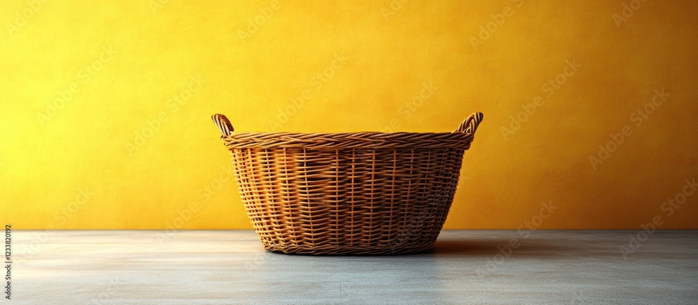 Poster wicker basket on a wooden surface against a bright yellow background with copy space for text