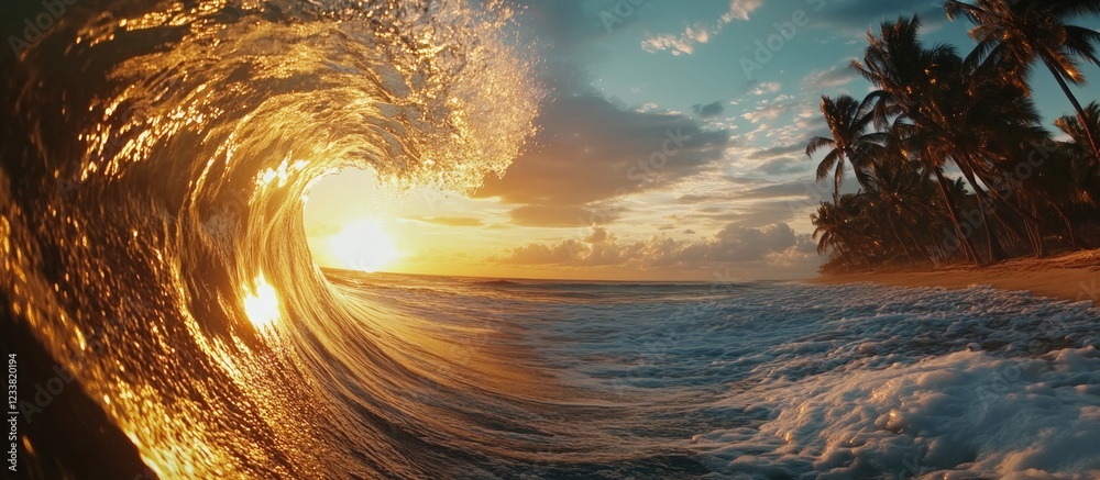 Poster Sunset waves crashing on a tropical beach with palm trees in the background featuring warm colors and dynamic cloud formations Copy Space