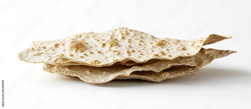 Poster Stack of thin, crispy flatbreads on white background with Copy Space