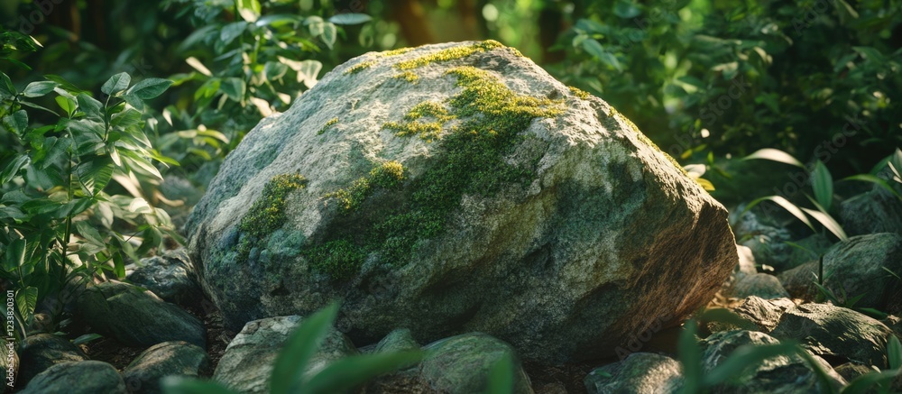 Poster Large moss-covered rock surrounded by greenery in a natural setting with Copy Space for text placement
