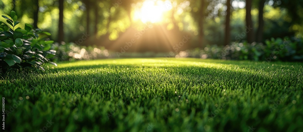 Poster Lush green grass with soft sunlight filtering through trees in a forested environment Copy Space
