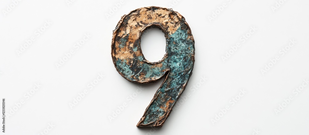 Poster Rusty metal number nine with a textured surface and a white background featuring ample copy space.