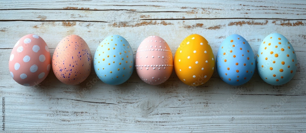 Poster colorful decorative easter eggs arranged on a rustic wooden background with copy space for text.