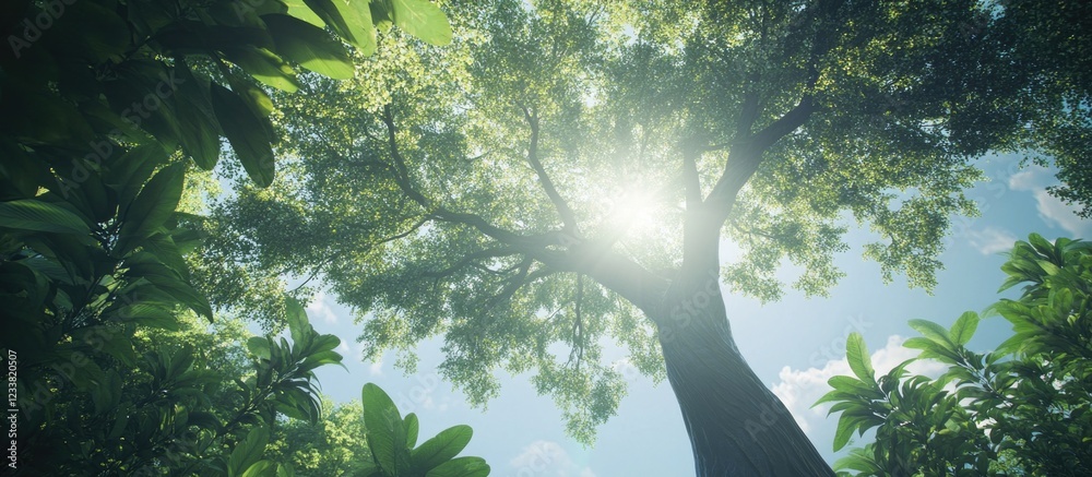 Poster majestic tree viewed from below with sunlight filtering through green foliage and surrounding plants