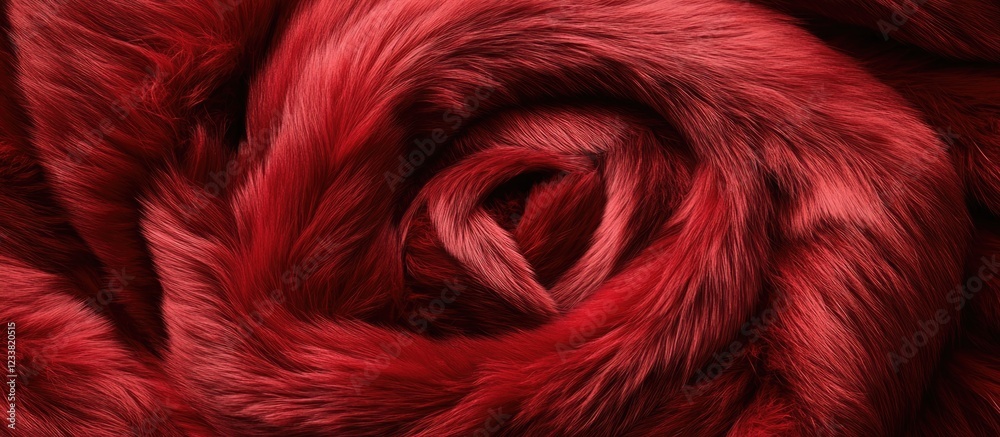 Poster red fur texture resembling a rose flower with detailed petal-like layers and vibrant color pattern c