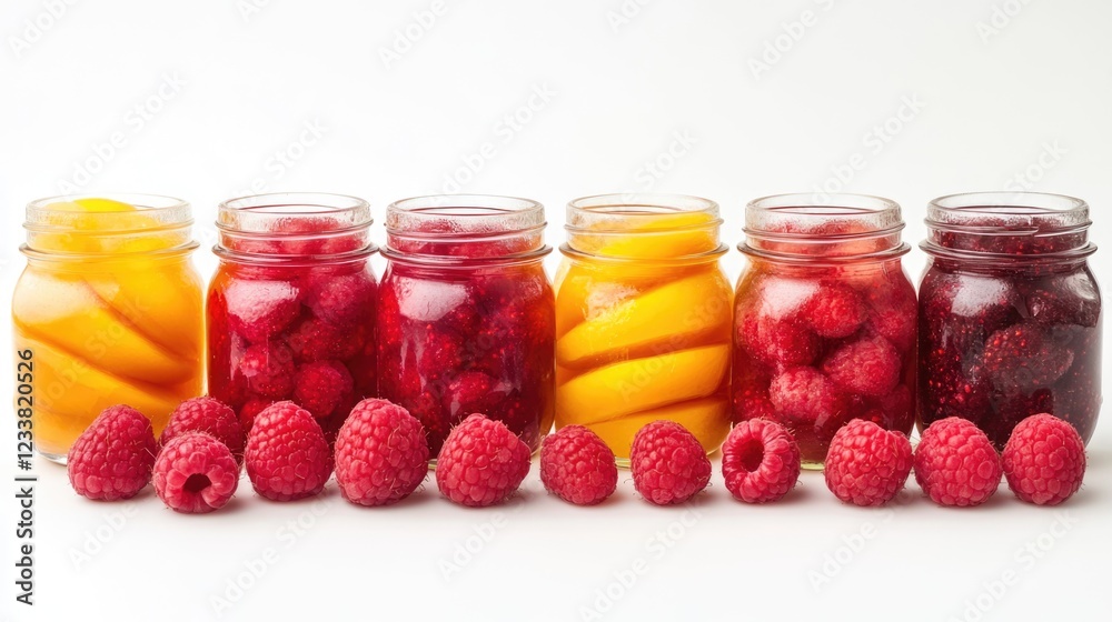 Poster assorted fruit jars filled with raspberries and peaches with fresh raspberries in front on a white b