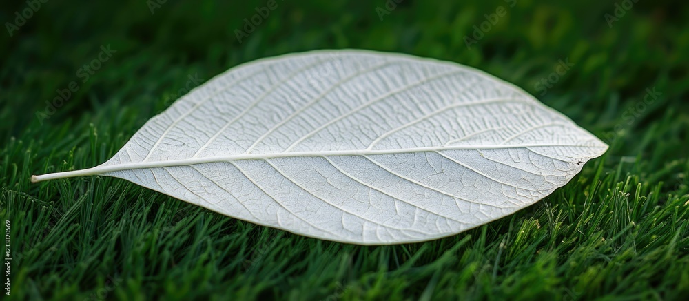 Poster White leaf on green grass background with detailed texture and copy space for text placement