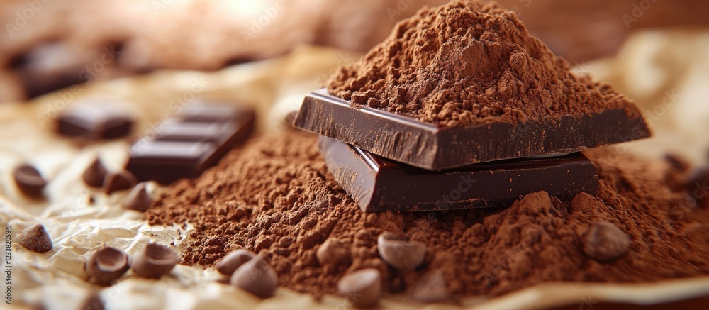 Poster dark chocolate pieces with cocoa powder on a beige surface with scattered coffee beans and copy spac
