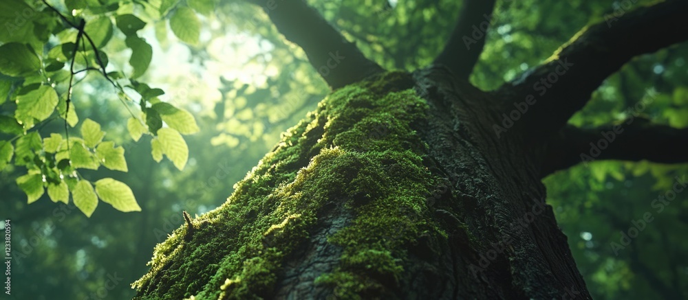 Poster moss covered tree trunk in a lush green forest with sunlight filtering through the leaves copy space