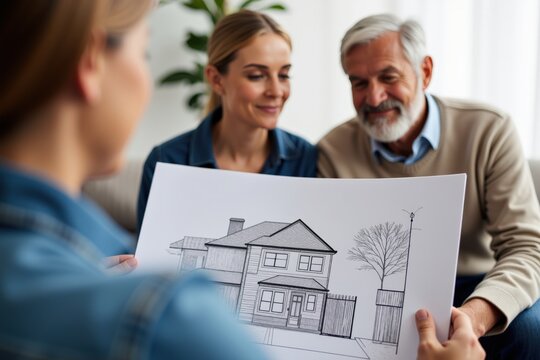 Homeowners Discussing Architectural Renderings with an Architect in a Bright and Comfortable Living Room Setting
