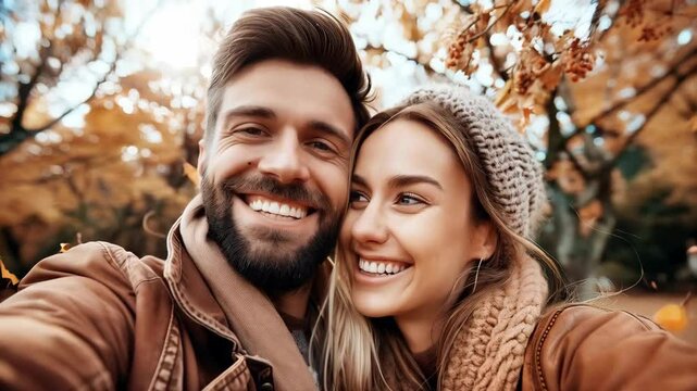 Happy couple embracing outdoors during fall, surrounded by vibrant autumn leaves