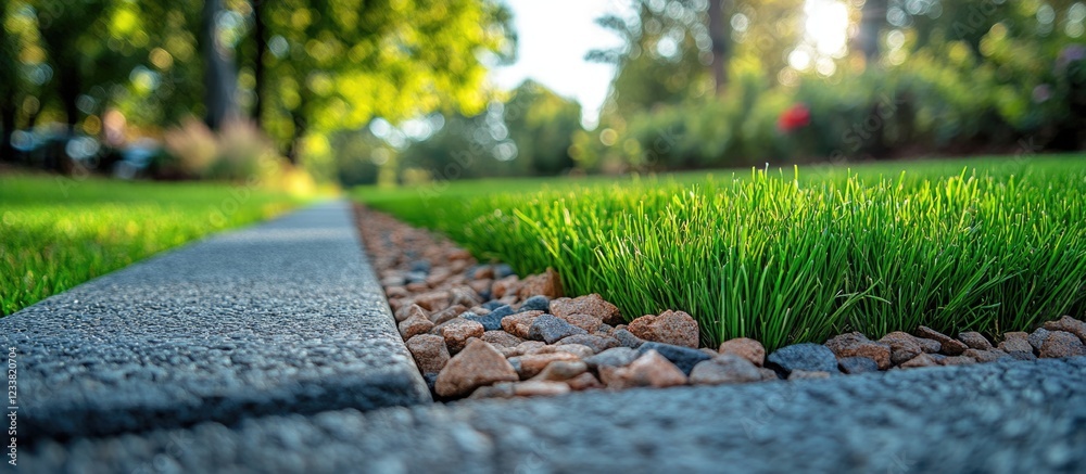 Poster lush green grass with stone border in a well-maintained landscape featuring sunlight filtering throu