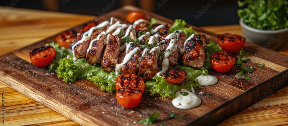 Poster grilled chicken served on a wooden platter with cherry tomatoes lettuce and drizzled sauce with copy