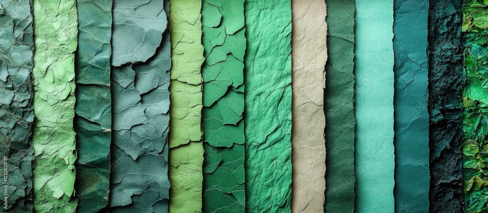 Poster colorful textured layers of crumpled paper or fabric in various shades of green and beige with copy 