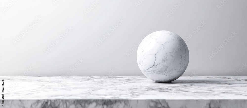 Aufkleber Marble sphere on marble surface with neutral background and copy space for text. Simple minimalistic composition in soft lighting.
