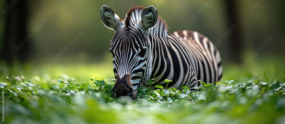 Poster Zebra resting in lush green grass with blurred background and copy space for text.