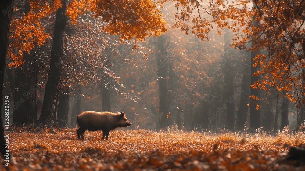 Poster autumn forest landscape with a wild pig standing in a misty environment surrounded by colorful fall 