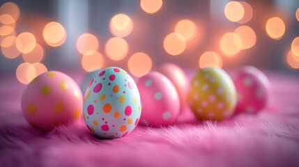 Fototapeta premium Pastel Easter eggs on pink fur, bokeh lights