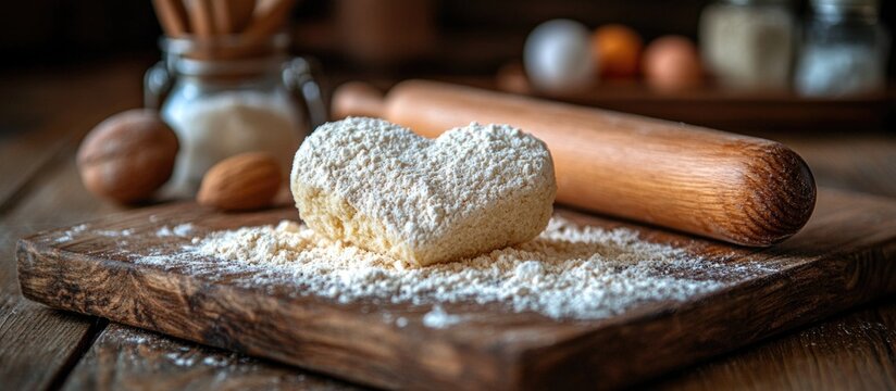 Dough shaped like a heart on a wooden board with rolling pin and baking ingredients in a cozy kitchen setting Copy Space