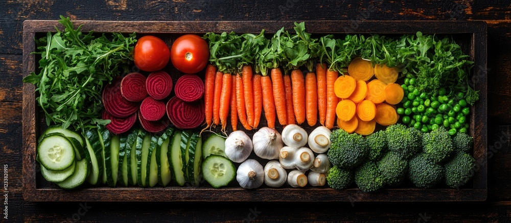Aufkleber fresh assortment of colorful vegetables arranged in a wooden tray on dark background with copy space