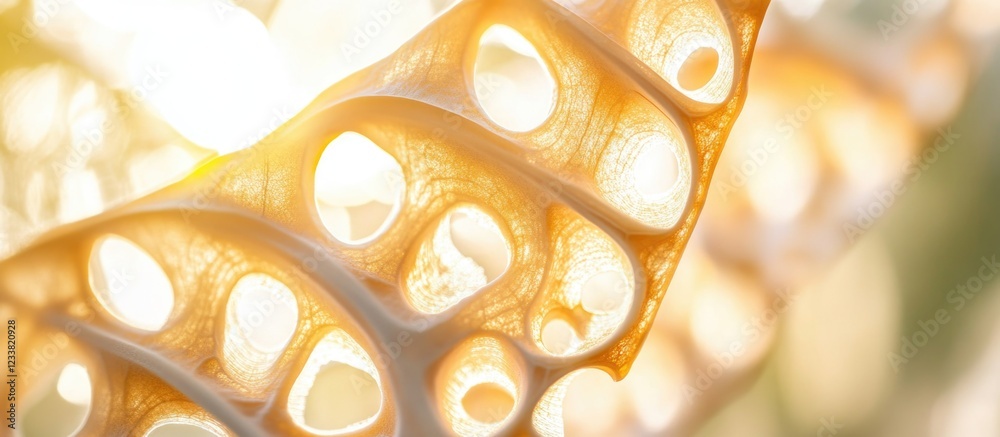 Poster close-up view of dried lotus seed pod with natural lighting and soft focus copy space