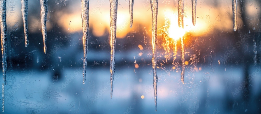Poster sunset through icy window with icicles and blurred winter landscape in background copy space