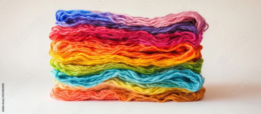 Poster Colorful yarn bundles stacked in a rainbow gradient with copy space for text on a neutral background.