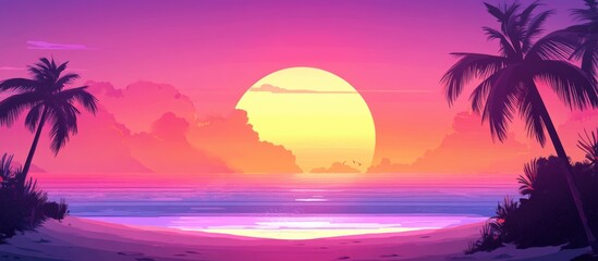 Vibrant sunset over tranquil beach with silhouette of palm trees and expansive space for customizable text or graphics
