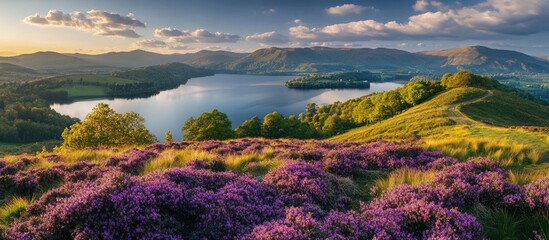 Mountain landscape with blooming purple heather flowers overlooking a tranquil lake and rolling hills under cloudy sky during golden hour Copy Space