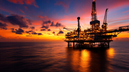 stunning offshore oil rig illuminated at sunset over ocean