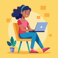 a girl is using his laptop vector