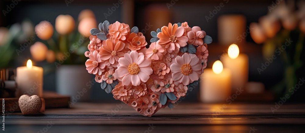 Aufkleber Floral heart arrangement with candles in soft focus background and copy space for text use